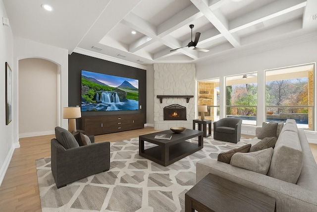 149 Silver Valley Ln, Fort Worth, TX 76108 - living area featuring arched walkways, light wood-type flooring, a ceiling fan, recessed lighting, and coffered ceiling