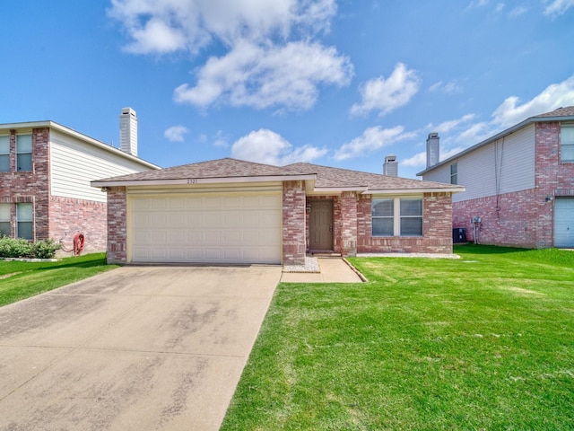2321 Live Oak Dr, Little Elm, TX 75068 - view of front of house with concrete driveway, a garage, brick siding, a front lawn, and a shingled roof