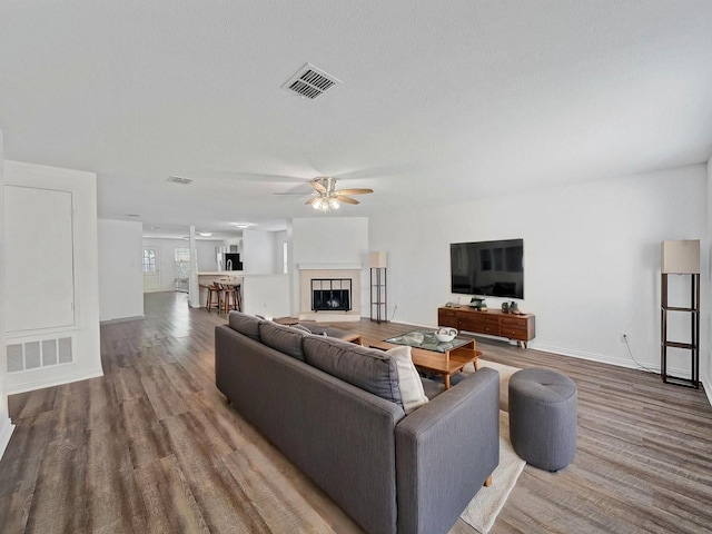 2321 Live Oak Dr, Little Elm, TX 75068 - living area featuring a ceiling fan, wood finished floors, and a fireplace with raised hearth