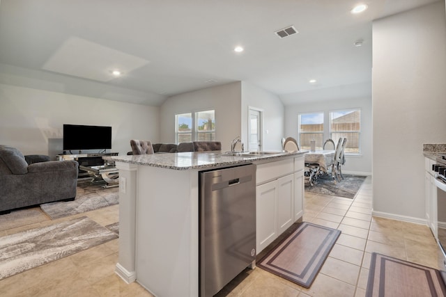 5912 Piedrosa Ct, Denton, TX 76226 - kitchen with dishwasher, open floor plan, white cabinetry, light stone countertops, and recessed lighting