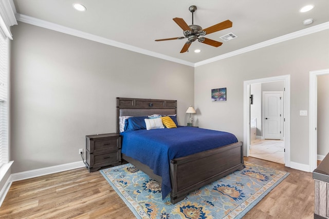 10309 Creekside Ln, Waco, TX 76712 - bedroom featuring light wood-style floors, crown molding, recessed lighting, and ceiling fan