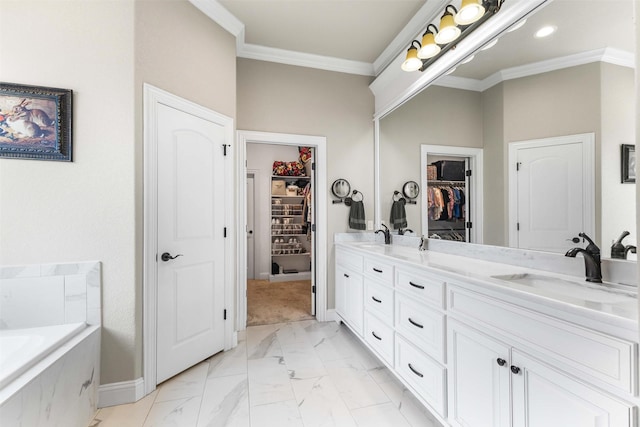 10309 Creekside Ln, Waco, TX 76712 - full bathroom with double vanity, marble finish floors, crown molding, a walk in closet, and a garden tub
