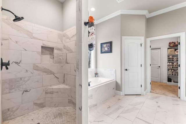 10309 Creekside Ln, Waco, TX 76712 - bathroom featuring a garden tub, tiled shower, ornamental molding, marble look tile flooring, and a spacious closet