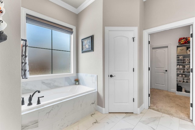 10309 Creekside Ln, Waco, TX 76712 - full bath with ornamental molding, a bath, marble finish flooring, and a closet