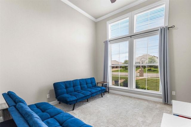 10309 Creekside Ln, Waco, TX 76712 - living area featuring crown molding, carpet floors, and a ceiling fan