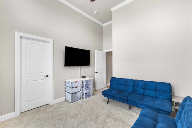 10309 Creekside Ln, Waco, TX 76712 - living area with crown molding, carpet floors, and a towering ceiling
