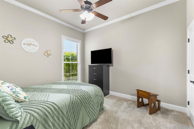 10309 Creekside Ln, Waco, TX 76712 - bedroom with light carpet, crown molding, and a ceiling fan