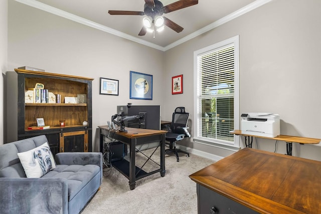 10309 Creekside Ln, Waco, TX 76712 - home office featuring light carpet, crown molding, and ceiling fan