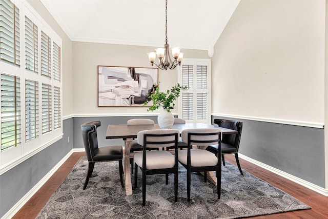 5405 Enfield Dr, Richardson, TX 75082 - dining area with a chandelier, lofted ceiling, ornamental molding, and wood finished floors