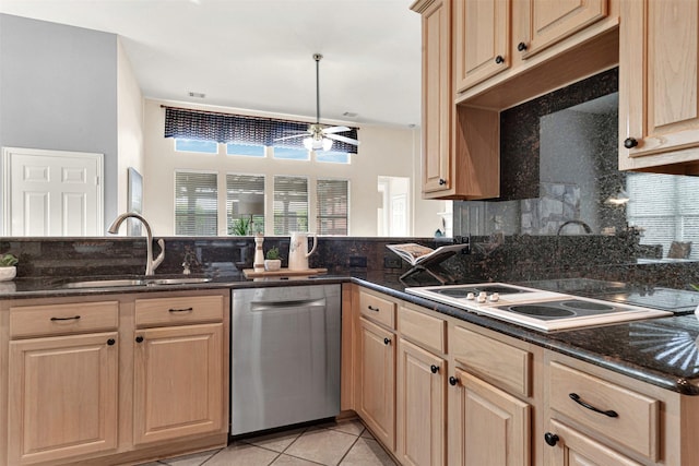 5405 Enfield Dr, Richardson, TX 75082 - kitchen featuring stainless steel dishwasher, decorative backsplash, white electric cooktop, light brown cabinetry, and light tile patterned floors