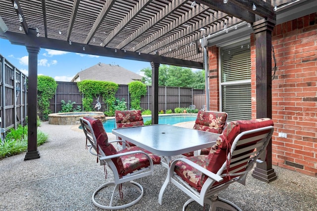 5405 Enfield Dr, Richardson, TX 75082 - fenced backyard featuring a pergola, a patio, a pool with connected hot tub, and outdoor dining area