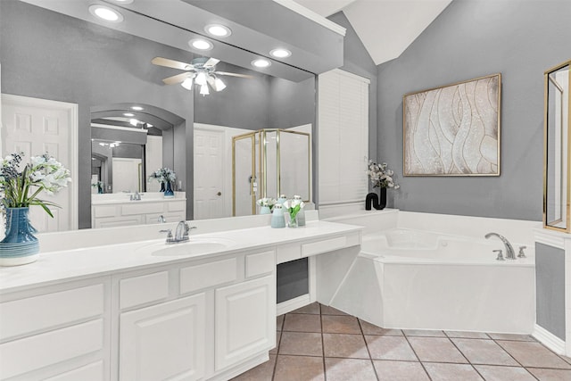5405 Enfield Dr, Richardson, TX 75082 - full bath with lofted ceiling, a shower stall, a garden tub, vanity, and a ceiling fan