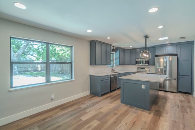 5209 Cordova Ave, Fort Worth, TX 76132 - kitchen featuring stainless steel appliances, gray cabinets, recessed lighting, light countertops, and decorative backsplash