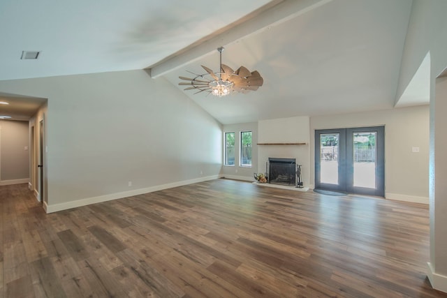 5209 Cordova Ave, Fort Worth, TX 76132 - unfurnished living room featuring beamed ceiling, a fireplace, wood finished floors, a ceiling fan, and high vaulted ceiling