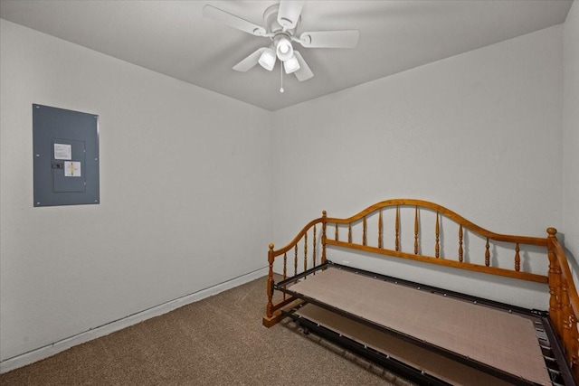 9444 Centennial Dr, Waco, TX 76708 - carpeted bedroom featuring electric panel and ceiling fan