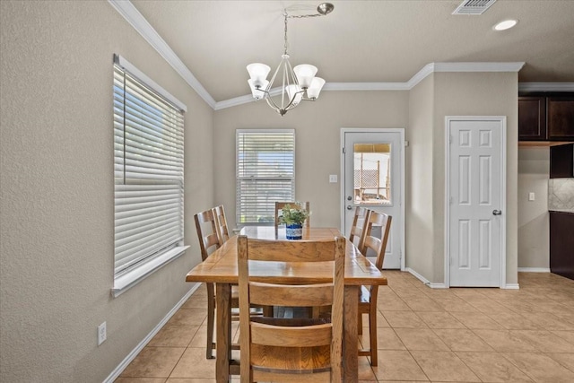 9444 Centennial Dr, Waco, TX 76708 - dining area with a chandelier, light tile patterned floors, crown molding, and recessed lighting