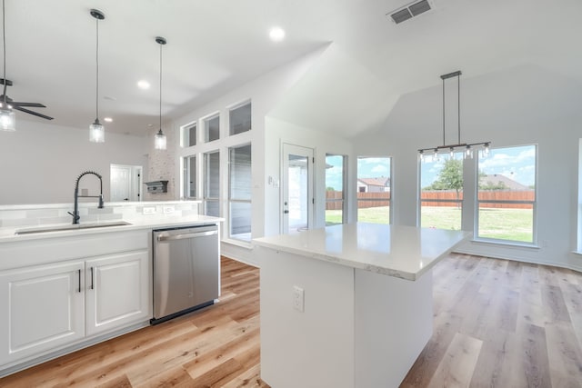 123 Rolling Spring Dr, Aledo, TX 76008 - kitchen featuring dishwasher, light wood-type flooring, a kitchen island, recessed lighting, and hanging light fixtures