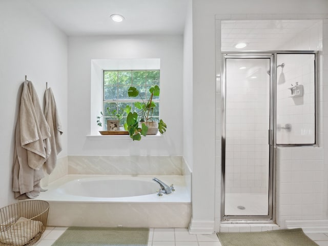 915 Slippery Elm Dr, Ovilla, TX 75154 - full bathroom featuring a bath, a shower stall, tile patterned floors, and recessed lighting