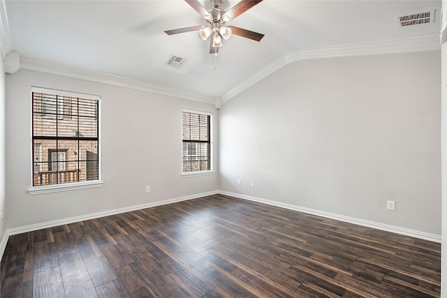1511 Biltmore Ln, Irving, TX 75063 - unfurnished room featuring a ceiling fan, vaulted ceiling, dark wood-style floors, and crown molding