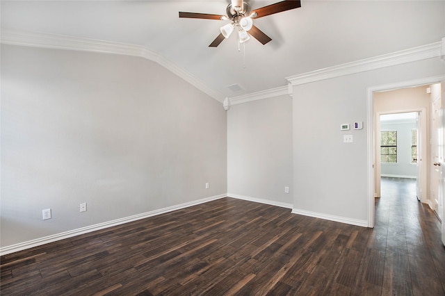 1511 Biltmore Ln, Irving, TX 75063 - spare room featuring a ceiling fan, dark wood-style flooring, lofted ceiling, and ornamental molding