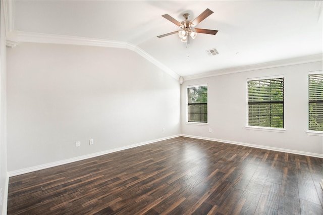 1511 Biltmore Ln, Irving, TX 75063 - unfurnished room featuring vaulted ceiling, dark wood-style floors, a ceiling fan, and ornamental molding