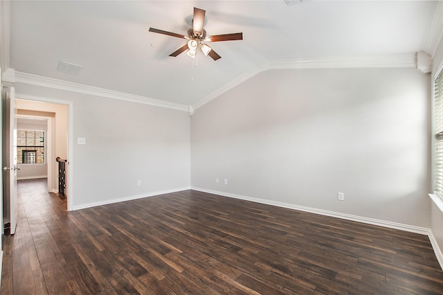 1511 Biltmore Ln, Irving, TX 75063 - unfurnished room with a ceiling fan, lofted ceiling, ornamental molding, and dark wood-type flooring