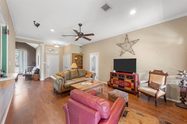 705 Tahoe Trail Dr, Hewitt, TX 76643 - living area with wood finished floors, ceiling fan, crown molding, ornate columns, and recessed lighting