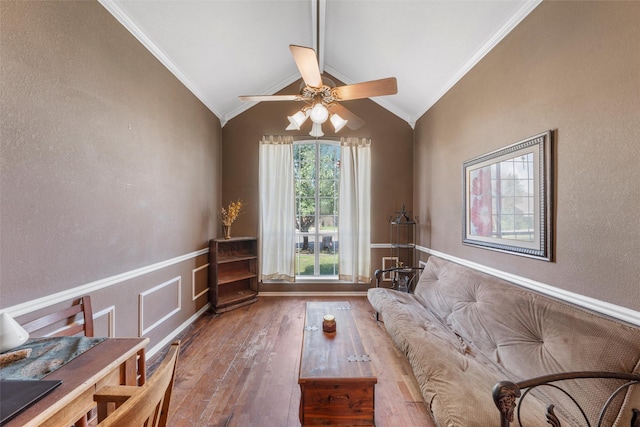 705 Tahoe Trail Dr, Hewitt, TX 76643 - living area with hardwood / wood-style floors, a ceiling fan, ornamental molding, and lofted ceiling