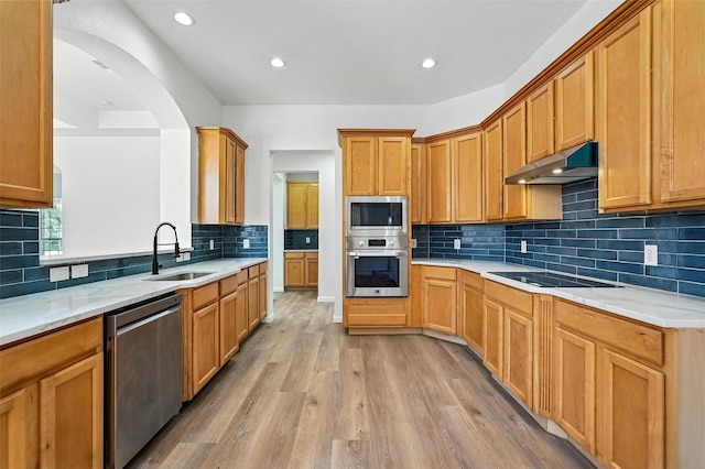 1720 Harvest Glen Dr, Allen, TX 75002 - kitchen featuring appliances with stainless steel finishes, under cabinet range hood, light wood-style flooring, tasteful backsplash, and arched walkways