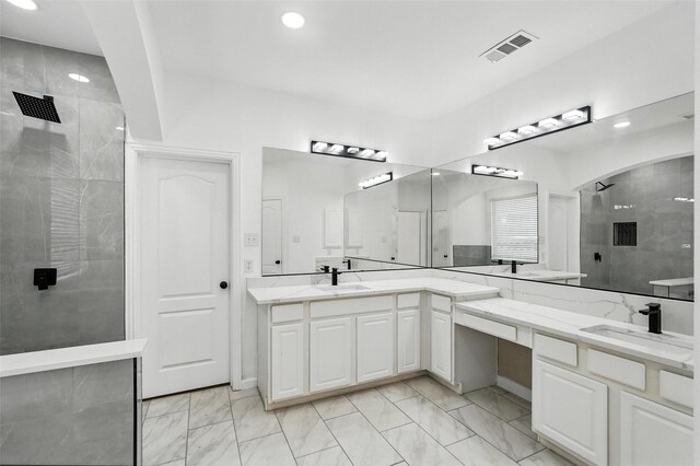 1720 Harvest Glen Dr, Allen, TX 75002 - full bath with marble finish floors, a shower stall, two vanities, and recessed lighting