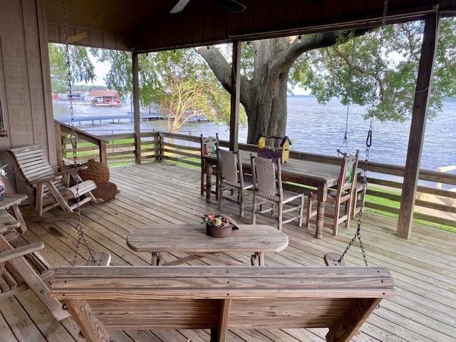 136 Cherokee Ln, Payne Springs, TX 75156 - wooden terrace with a water view and ceiling fan
