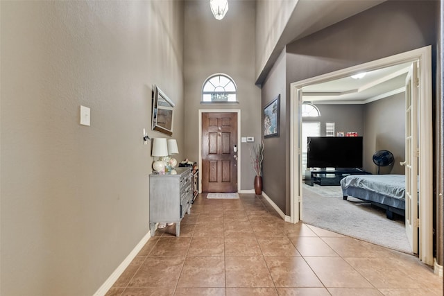 461 Running Water Trl, Fort Worth, TX 76131 - entrance foyer with light tile patterned floors and a towering ceiling