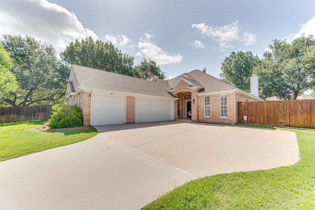 4508 Crystal Mountain Dr, Richardson, TX 75082 - view of front facade with brick siding, an attached garage, concrete driveway, a chimney, and a shingled roof