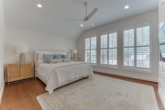 4508 Crystal Mountain Dr, Richardson, TX 75082 - bedroom with dark wood-style flooring, recessed lighting, a ceiling fan, and vaulted ceiling