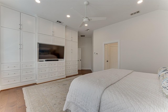 4508 Crystal Mountain Dr, Richardson, TX 75082 - bedroom with recessed lighting, wood finished floors, a ceiling fan, and vaulted ceiling