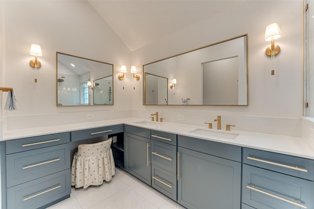 4508 Crystal Mountain Dr, Richardson, TX 75082 - bathroom with lofted ceiling, double vanity, a shower, and marble look tiles