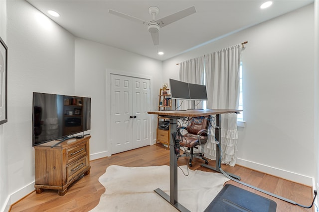 4508 Crystal Mountain Dr, Richardson, TX 75082 - office space featuring a ceiling fan, light wood-style flooring, and recessed lighting