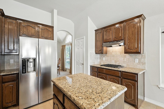 11412 Grapeleaf Dr, Fort Worth, TX 76244 - kitchen with stainless steel appliances, under cabinet range hood, lofted ceiling, light stone counters, and decorative backsplash