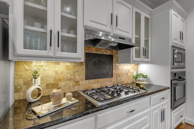 2248 Forest Hollow Park, Dallas, TX 75228 - kitchen featuring appliances with stainless steel finishes, under cabinet range hood, white cabinetry, and glass insert cabinets