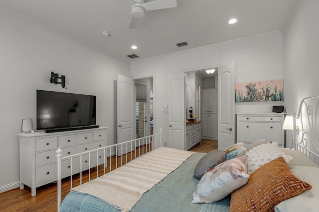 2248 Forest Hollow Park, Dallas, TX 75228 - bedroom with crown molding, wood finished floors, recessed lighting, ceiling fan, and ensuite bathroom