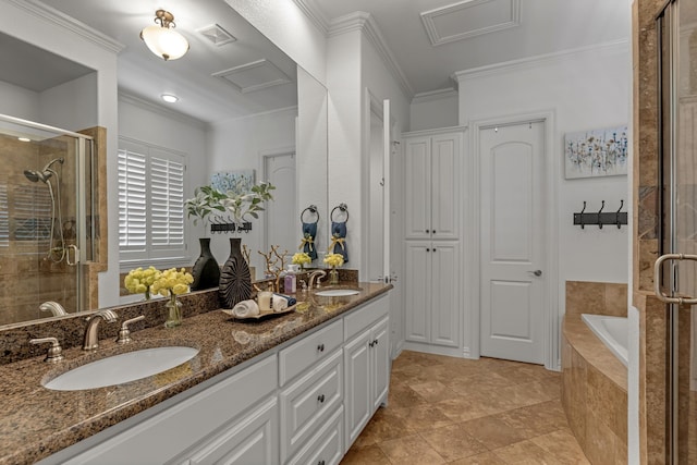 2248 Forest Hollow Park, Dallas, TX 75228 - bathroom with a shower stall, double vanity, crown molding, and a garden tub