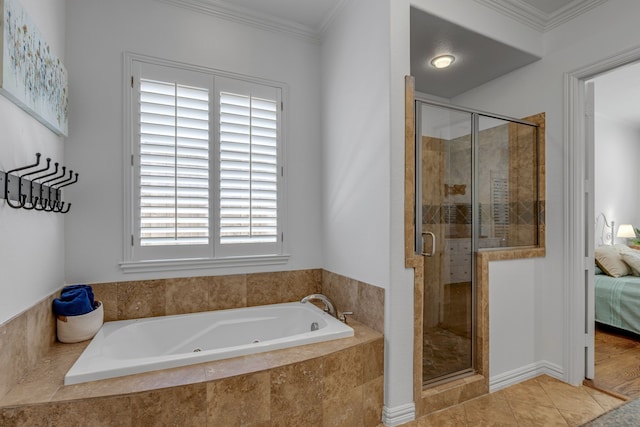2248 Forest Hollow Park, Dallas, TX 75228 - bathroom featuring a jetted tub, a shower stall, connected bathroom, crown molding, and tile patterned flooring