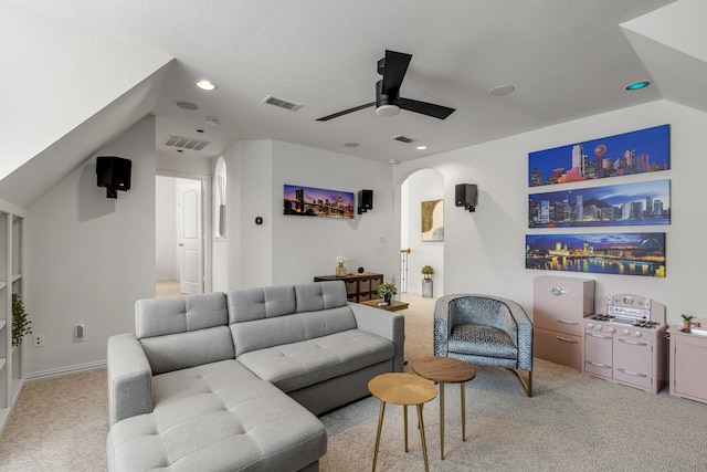 2248 Forest Hollow Park, Dallas, TX 75228 - living room featuring ceiling fan, light colored carpet, arched walkways, and recessed lighting
