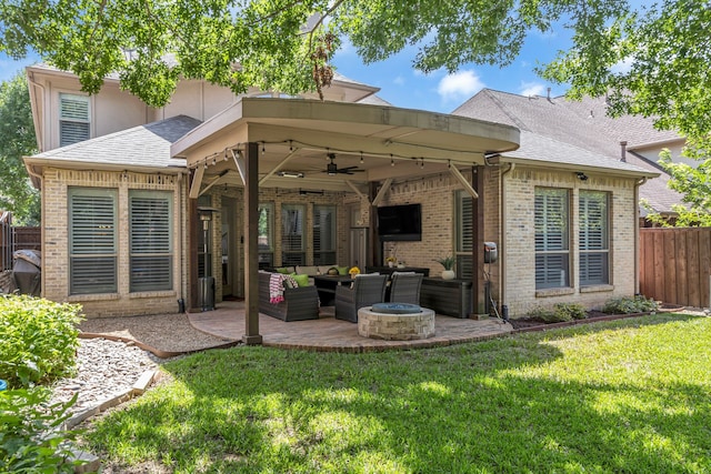 2248 Forest Hollow Park, Dallas, TX 75228 - rear view of property featuring an outdoor hangout area, ceiling fan, brick siding, a patio area, and roof with shingles