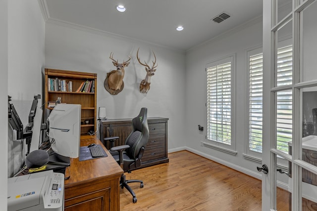 2248 Forest Hollow Park, Dallas, TX 75228 - office area featuring ornamental molding, light wood-style floors, and recessed lighting