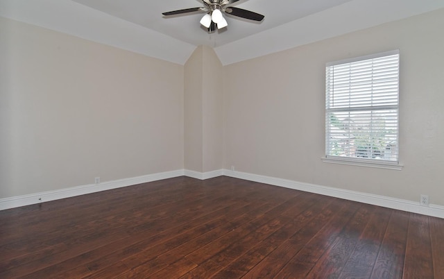 2505 Hunters Run Dr, Plano, TX 75025 - unfurnished room with a ceiling fan, dark wood-style flooring, and lofted ceiling