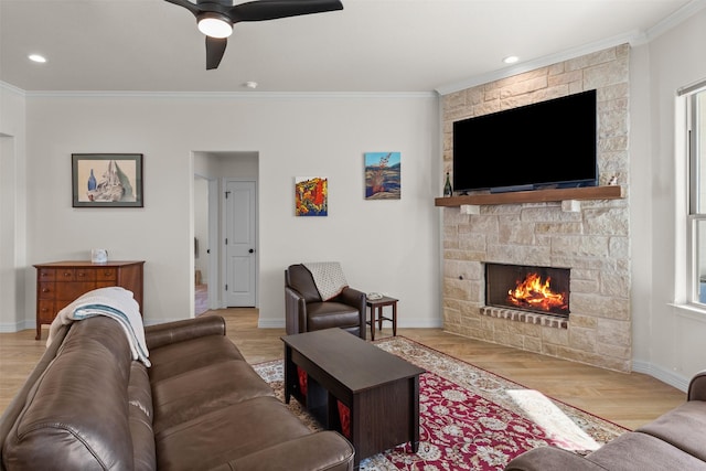 6105 Parma Ln, Temple, TX 76502 - living area featuring a fireplace, ornamental molding, a ceiling fan, wood finished floors, and recessed lighting