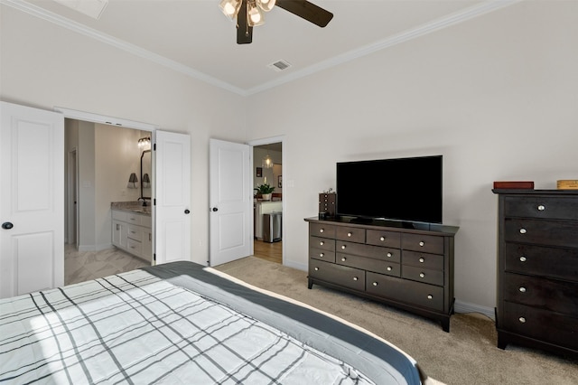6105 Parma Ln, Temple, TX 76502 - bedroom featuring ornamental molding, light carpet, connected bathroom, and ceiling fan