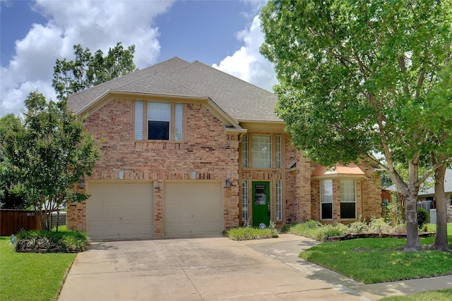 448 Shade Tree Cir, Hurst, TX 76054 - traditional-style home with brick siding, concrete driveway, a garage, and roof with shingles
