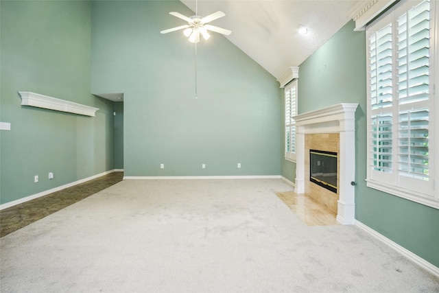 448 Shade Tree Cir, Hurst, TX 76054 - unfurnished living room featuring carpet flooring, ceiling fan, high vaulted ceiling, and a high end fireplace